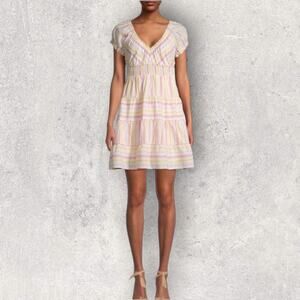 Betsey Johnson Medium Striped Tiered Babydoll Dress V‑Neck Pink Yellow White